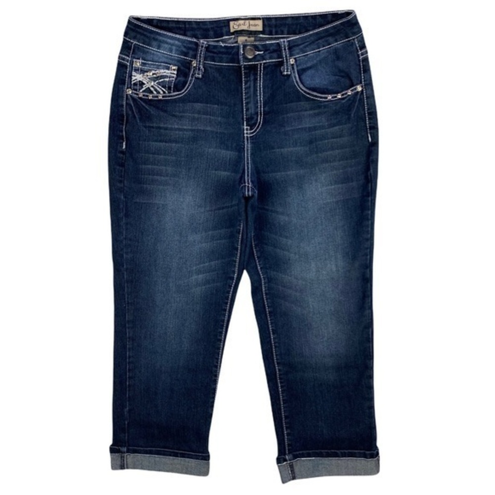 Earl Jean Dark Wash‎ Denim Rhinestone Embellished Cuffed Crop Jean